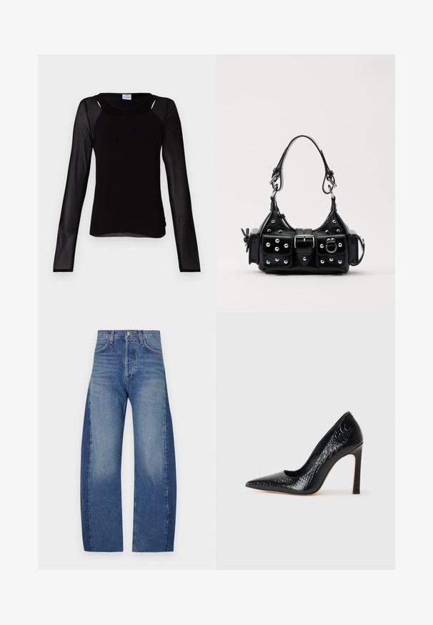 Won Hundred AGNETHA - Longsleeve - black; Denim jeans in een licht naar donkerblauwe gradient, met een ontspannen wijde pasvorm, vijf zakken en zichtbare stiksels.; Zwarte puntige hoge hak schoen met een krokodillenleren textuur, met een slank ontwerp, hoge stiletto-hak, en een gladde zwarte binnenkant.; Zwarte lederen handtas met een gebogen ontwerp, voorzien van zilveren studs, een gesp en twee zijvakken. Verstelbare schouderband voor verschillende draagmogelijkheden.