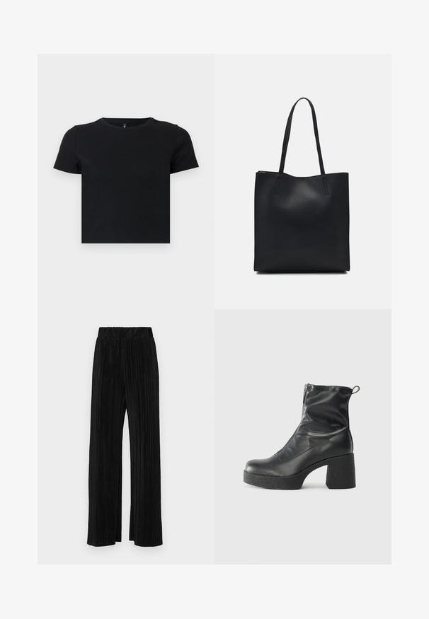 Tricou negru cu mânecă scurtă, fabricat din bumbac moale. Dispune de un guler rotund și un design ajustat. Textură netedă, fără modele sau accente.; Pantaloni negri plisati cu talie elastică. Prezintă picioare largi și un material neted, texturat, cu dungi verticale.; Bocanci negri de glezna din piele netedă, cu fermoar lateral, toc texturat și masiv, și design cu vârf rotund.; Geantă tote neagră din piele, cu textură netedă, formă rectangulară și două mânere lungi. Fără hardware vizibil sau ornamente.