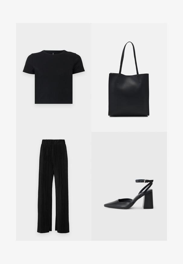 Černé tričko s krátkým rukávem vyrobené z jemné bavlny. Má kulatý výstřih a těsně přiléhající střih. Hladká textura bez vzorů nebo akcentů.; Černé plisované kalhoty s elastickým pasem. Mají široké nohavice a hladkou, strukturovanou tkaninu s vertikálními pruhy.; Černé kožené lodičky se špičatou špičkou, kotníkovým páskem a silným podpatkem. Hladká textura, elegantní design a minimalistická estetika.; Černá kožená taška přes rameno s hladkým povrchem, obdélníkovým tvarem a dvěma dlouhými uchy. Žádné viditelné kování ani ozdoby.