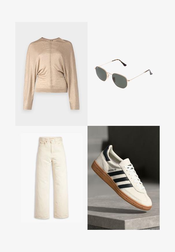 Krémszínű, hosszú ujjú felső, könnyű anyagból készült, kerek nyakkal, hátsó cipzáras záródással és ráncolt részletekkel a deréknál.; Beige, bővített szárú farmernadrág, pamut denim anyagból. Jellemzői: magas derék, gombos záródás és öt zsebes dizájn. Simított, tartós textúra.; Fehér velúr sneaker tengerészkék csíkokkal, gumitalppal, textúrált felső résszel, kerek orral és fűzős kialakítással; a cipő oldalán és a nyelvén logó található.; Arany fémkeretes napszemüveg sötétzöld lencsékkel, pilóta stílusban, vékony karokkal és teknősbékás díszítéssel a végeken.; Fekete, steppelt műbőrből készült táska láncos pánttal, hatszögletű mintázattal és díszes szárny részlettel az elején.