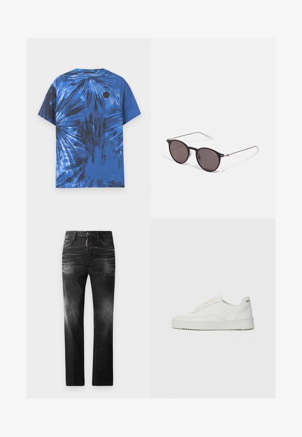 Mėlyna trumpomis rankovėmis marškinėliai su juodu abstrakčiu palmės lapo raštu ir maža apvali juoda logo kairiajame krūtinės plote; Juodi džinsai su tiesiu kirpimu. Spalvoti svyrantys plotai, šiek tiek sugadinti, klasikinis penkių kišenių dizainas ir mygtuko uždarymas.; Balti odiniai sportiniai bateliai su lygia apdaila, apvaliu pirštu, plokščiais raišteliais ir tekstūruotu padu. Pasižymi subtiliu logotipu ant kulno.; Juodos apvalios saulės akinių su tamsiais lęšiais ir plonomis metalinėmis šakomis. Įtraukti skaidrūs šventyklų galai ir sidabriniai akcentai vyrio srityje. Minimalistinis dizainas.