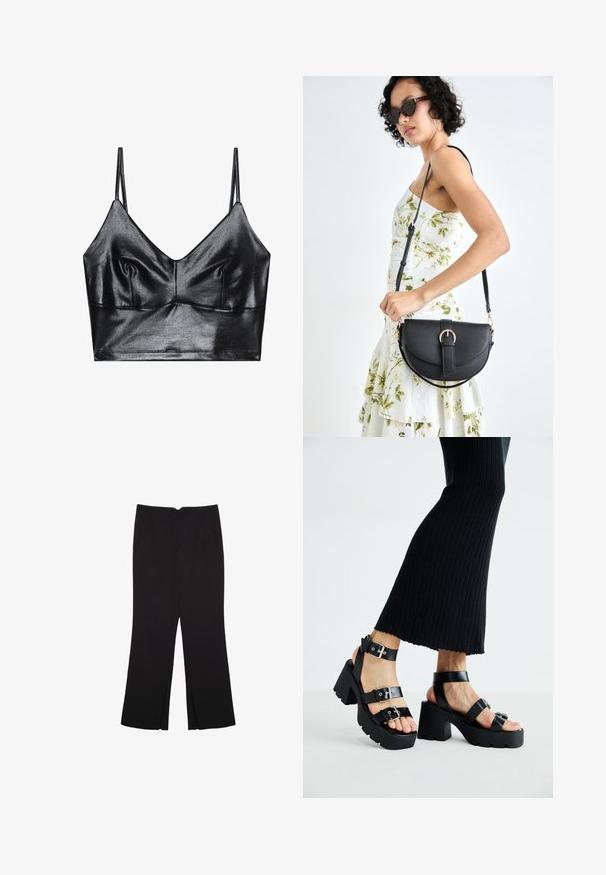 Sorte, skinnende bralette med tynde justerbare stropper, der har en V-udskæring, glat tekstur og subtil samling ved brystet for form.; Sorte bukser med lige pasform, der har frontlommer og slidser i kanten. Lavet af blødt, glat stof. Velegnet til forskellige anledninger.; Sorte platfromsandaler med kraftige, skridsikre såler og flere stropper, der har metalspænder og en glat læderlignende tekstur.; Sort læderhåndtaske med en buet form, aftagelig rem og guldfinish. Tasken har en klap med en spænde detalje.