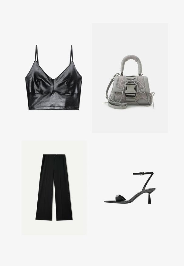 Zwarte, glanzende bralette met dunne verstelbare bandjes, met een V-halslijn, een gladde textuur en subtiele plooitjes bij de buste voor vorm.; Bershka WIDE - Broek - black; Bershka Sandalen met hoge hak - black; Grijze handtas met textuur, voorzien van een gevoerde handgreep, gaasaccenten, verstelbare schouderband en een sluiting aan de voorkant. Compact ontwerp met een ronde vorm.