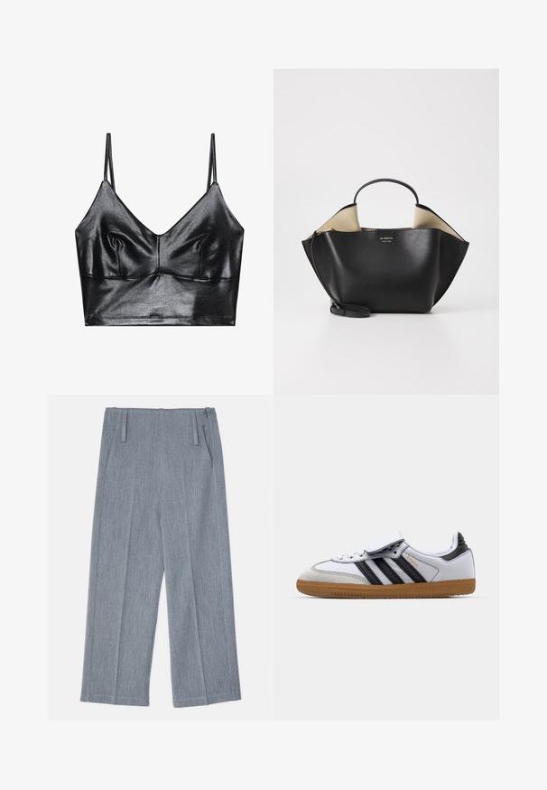 Črna, sijoča braletka z tankimi nastavljivimi naramnicami, z V-izrezom, gladko teksturo in diskretnim nabiranjem na prsih za obliko.; Svetlo sivi, široki hlače iz teksturirane tkanine, ki imajo dve sprednji gubi in že dva stranska žepa. Čist, prilagojen dizajn.; Beli usnjeni športni copati z bližnjicami v črni barvi in s sivo obrobo, z okroglo konico in gumo iz gumijastega materiala. Zapiranje na ježka in vezalke.; Ree Projects ANN TOTE MINI - Torbica - black