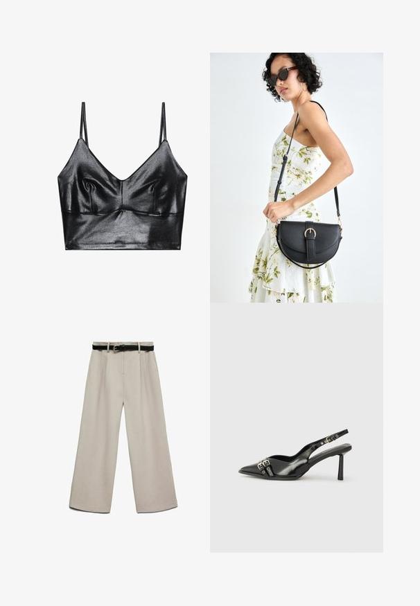 Černá, lesklá braletka s tenkými nastavitelnými ramínky, s výstřihem do V, hladkým povrchem a jemným nařasením na prsou pro zvýraznění tvaru.; Béžové kalhoty s širokými nohavicemi, hladkou texturou, nařaseným předním dílem a černým opaskem se stříbrnou přezkou jako zapínáním.; Černá lakovaná slingback obuv s špičatou špičkou, kotníkovými pásky s kovovými sponami a příslušenstvím, a štíhlým podpatkem.; Černá kožená kabelka s křivkovým tvarem, odnímatelným popruhem a zlatými detaily. Kabelka má klopu s přezkou.