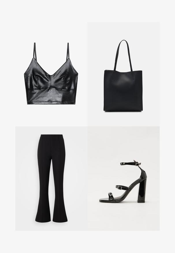 Juodas, blizgus braletė su plonomis reguliuojamomis petnešomis, turintis V formos iškirpę, lygų paviršių ir švelnų surinkimą krūtinės srityje, suteikiantį formą.; Juodos flared kelnės, pagamintos iš tamprių audinių, pasižyminčios lygiu paviršiumi, aukštu liemeniu ir siūlių detalėmis priekyje.; Juoda blizgi lakuota basutė su kvadratiniu pirštu, kulkšnies dirželiais ir sidabro sagtimis. Yra tvirta blokinė kulno konstrukcija, užtikrinanti stabilumą.; Juodas odinis tote krepšys su lygia tekstūra, stačiakampio formos ir dviem ilgais rankenomis. Matomų metalinių detalių ar puošybos nėra.