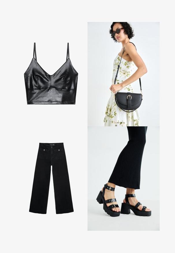 Crni, sjajni bralette s tankim podešavajućim trakama, s V-izrezom, glatkom teksturom i suptilnim nakupljanjem na grudima za oblik.; Crne široke traperice s visokim strukom, koje imaju dva prednja džepa i metalne gumbe kao ukrase. Tkanina ima glatku teksturu.; Crne platforme sandale s debelim, nazubljenim potplatima i višestrukim trakama, s metalnim kopčama i glatkom teksturom koja podsjeća na kožu.; Crna kožna torba s lukovitim oblikom, odvojivim remenom i zlatnim detaljima. Torba ima preklop s kopčom.