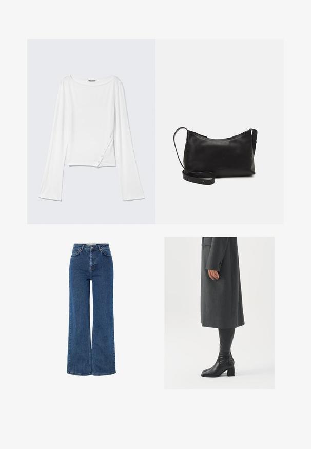 Valkoinen pitkähihaisessa paidassa on pyöreä kaula-aukko, sivunapit ja hieman lyhyt helma. Se on valmistettu pehmeästä, joustavasta kankaasta, jossa on sileä rakenne.; Korkeavyötäröiset siniset denim-farkut, joissa on leveät lahkeet, perinteinen viisi-taskuinen muotoilu, metallinen nappisuljenta ja kontrastivärinen ommel.; Harmaa, muotoiltu pitkätakki suoran leikkauksen kanssa; yhdistetty polven yli yltäviin mustiin nahkasaappaisiin, joissa on neliön muotoinen kärki ja paksu kanta.; Musta nahkainen olkalaukku, jossa on sileä pinta, kaareva muoto, säädettävä hihna ja vetoketjukiinnitys. Minimalistinen muotoilu ilman koristeita.