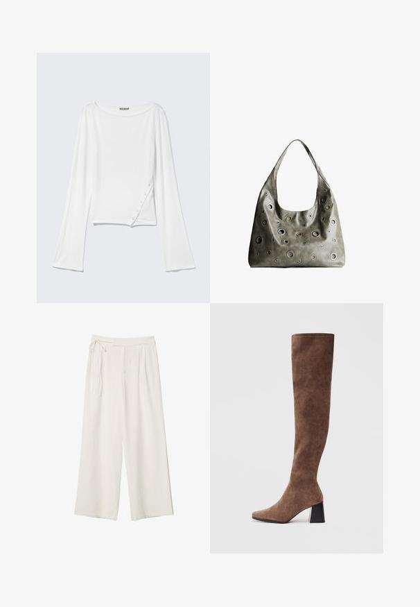 Top bianco a maniche lunghe con scollo rotondo, bottoni laterali e orlo leggermente accorciato. Realizzato in un tessuto morbido ed elastico con una texture liscia.; Pantaloni a gamba larga in tessuto bianco sporco con una texture liscia. Presentano una vita legata e una parte anteriore plissettata, progettati per una vestibilità comoda.; Stivali marroni sopra il ginocchio in morbido camoscio, con punta affusolata e tacco grosso nero. Il design presenta cuciture senza soluzione di continuità per un aspetto elegante.; Borsa a tracolla in pelle verde oliva con un design morbido, caratterizzata da tagli circolari di diverse dimensioni e dettagli in tonalità più scure e più chiare.
