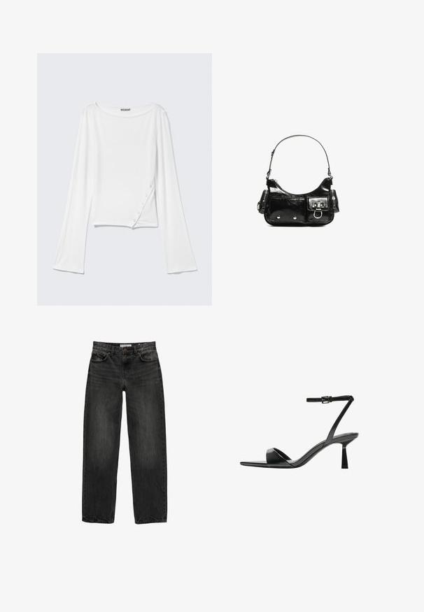 Fehér, hosszú ujjú felső, kerek kivágással, oldalsó gombokkal és enyhén rövidített szegéllyel. Puha, rugalmas anyagból készült, sima textúrával.; Fekete farmernadrág laza szabással, egyenes szárakkal, öt zsebes dizájnnal és enyhén elhalványult textúrával. Elöl gombos és cipzáras záródás.; Bershka Magas sarkú szandálok - black; Fekete lakkbőr kézitáska ívelt formával, egy vállpánttal, elülső zsebekkel és ezüstszínű fémrészletekkel.