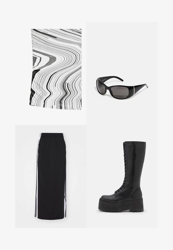 Black and white patterned fabric featuring wavy lines. Material appears smooth with a slight sheen. Edges have a simple stitched finish.; Black athletic skirt with white side stripes, elastic waistband, and logo detail. Made from breathable fabric, knee-length design.; Zign LEATHER - Lace-up boots - black; Black sunglasses with glossy plastic frames, gradient gray lenses, and silver-tone accents on the sides. Sleek, curved design.