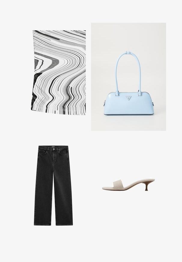Czarna i biała tkanina w wzór z falistymi liniami. Materiał wydaje się gładki z delikatnym połyskiem. Krawędzie mają prosty, przeszyty wykończenie.; Szerokie czarne dżinsy z subtelnym wzorem w pionowe paski, z pięcioma kieszeniami oraz klasycznym zapięciem na guzik w talii.; Sandały bez obcasa z beżową tkaniną wplecioną w górnej części, otwartym przodzie i wygiętą drewnianą podeszwą. Projekt cechuje się gładką teksturą i minimalistycznym kształtem.; Jasnoniebieska torebka o sztywnym kształcie, wykonana z gładkiej skóry, z dwoma uchwytami i trójkątnym logo marki z przodu. Zamek błyskawiczny.