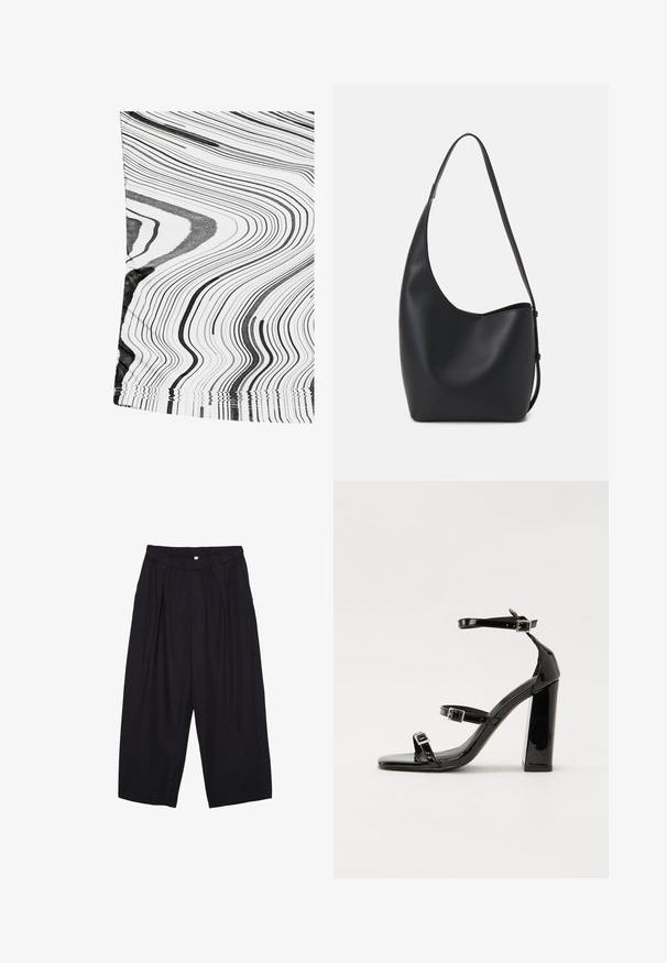 Tessuto a fantasia bianco e nero con linee ondulate. Il materiale appare liscio con una leggera lucentezza. I bordi hanno una finitura cucita semplice.; Pantaloni culotte neri in poliestere con una cintura elastica, due pieghe frontali e una silhouette ampia. Nessun motivo visibile o dettagli in metallo.; Sandali con tacco in vernice nera, con punta squadrata, cinturini alla caviglia e fibbie in argento. Presentano un tacco a blocco spesso per maggiore stabilità.; Borsa hobo nera in pelle con una superficie liscia, forma curvata e una singola tracolla regolabile; presenta un'ampia apertura nella parte superiore.