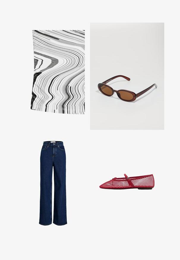 Schwarz-weiß gemusteter Stoff mit gewellten Linien. Das Material wirkt glatt mit einem leichten Glanz. Die Kanten haben einen einfachen gesteppten Abschluss.; Hochgeschnittene, dunkelblaue Jeans aus Denim mit weitem Bein, Knopfverschluss vorne und fünf Taschen.; Rote Netz-Ballerinas mit spitzem Zehenbereich, ausgestattet mit einem dünnen Riemen und Schnallen-Detail. Das Obermaterial hat ein offenes Wabenmuster.; Runde, braun getönte Sonnenbrillen mit einem glänzenden burgunderfarbenen Rahmen. Schlanke Bügel mit dezentem Branding. Flaches Linsendesign.