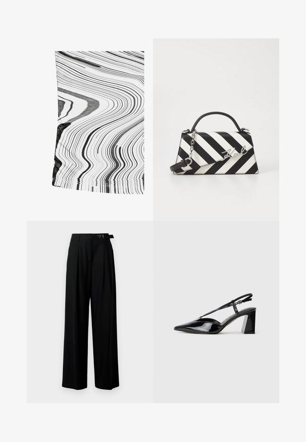 Mustvalge mustriga kangas, millel on lainelised jooned. Materjal näeb välja sile ja kerge läikega. Servad on lihtsa tikandiga viimistletud.; Mustad kõrge vöökohaga mustad laiad püksid, millel on ees voldid ja vöö, millel on pandla. Valmistatud siledast ja kergest kangast.; Mustadast mustast lakknahast kõrge kontsaga kingad, millel on terav varvas, reguleeritav rihm ja jäme ristkülikuline konts.; Mustriga musta ja valgega käekott, millel on struktureeritud kuju, pehme käepide, eemaldatav ahelriba ja metallist logo aktsent.