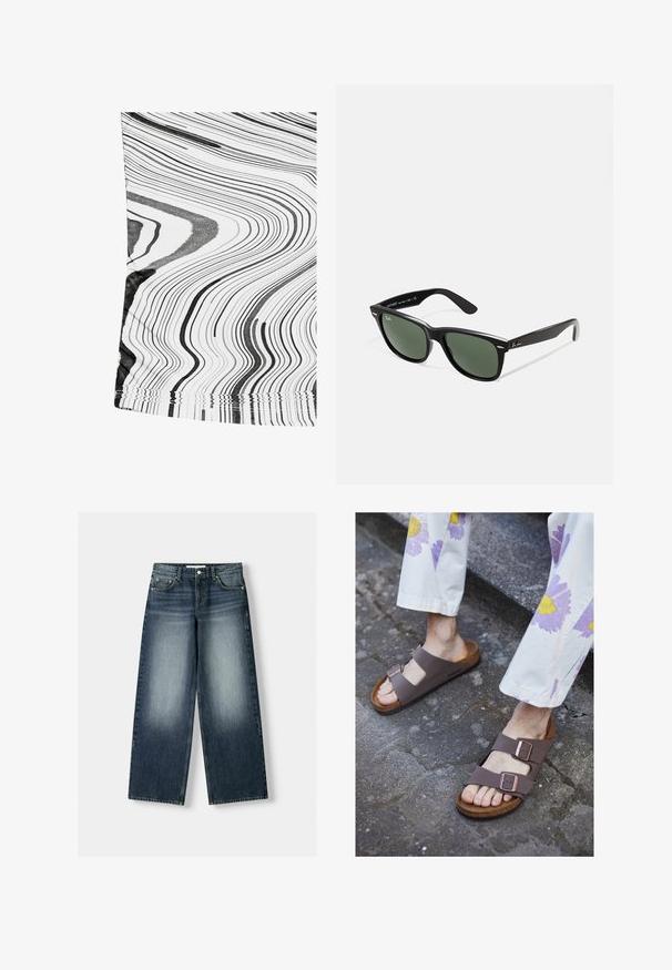 Sort-hvid mønstret stof med bølgede linjer. Materialet fremstår glat med en let glans. Kanterne har en simpel syet finish.; Bredde ben denim jeans i mørkeblå, med en falmet vaskeffekt. Fem-lommes design med knaplukning og bæltestropper.; Brune flade sandaler med to brede stropper og metalspænder; korksål; tekstureret fodseng; båret med lyse, blomstermønstrede bukser.; Sorte plastiksolkaber med grønne linser, firkantede stel, sølvaccent på brynene og teksturerede templede arme. Angivet mærke på den indre arm.