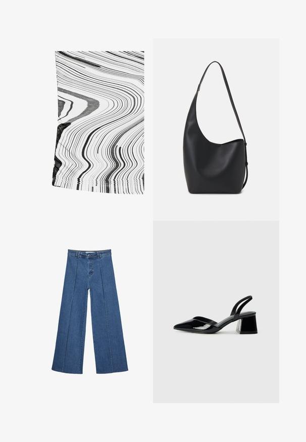 Čierna a biela vzorovaná textília s vlnitými líniami. Materiál sa zdá byť hladký s jemným leskom. Okraje majú jednoduché prešitie.; Rovné džínsy s širokými nohavicami v strednom modrom odtieni, so zvýšeným pásom, zapínaním na gombík a kontrastnými vertikálnymi švami pozdĺž prednej strany.; Čierne lakované kožené sandálové podpätky s špicatou špičkou a geometrickým blokovým podpätkom. Disponujú elegantným, minimalistickým dizajnom a hladkým povrchom.; Čierna kožená hobo taška so hladkou textúrou, zakriveným tvarom a jedným nastaviteľným popruhom; má široké otvorenie na vrchu.