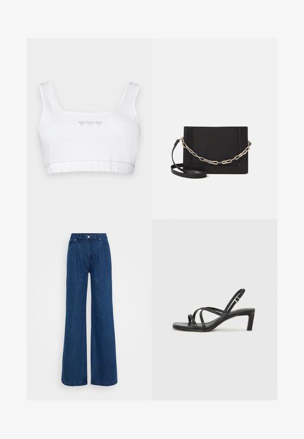 White cotton crop top with a square neckline, featuring subtle gray embroidered "777" in the center and a smooth texture throughout.; Wide-leg blue denim jeans with a high waist, front button and zipper closure, and front and back pockets against a plain background.; Black strappy sandal with a square toe and a low block heel. Features multiple thin straps and an adjustable ankle strap. Made of smooth leather.; Black leather crossbody bag featuring a smooth texture, rectangular shape, and a metallic chain detail on the front. Adjustable strap included.