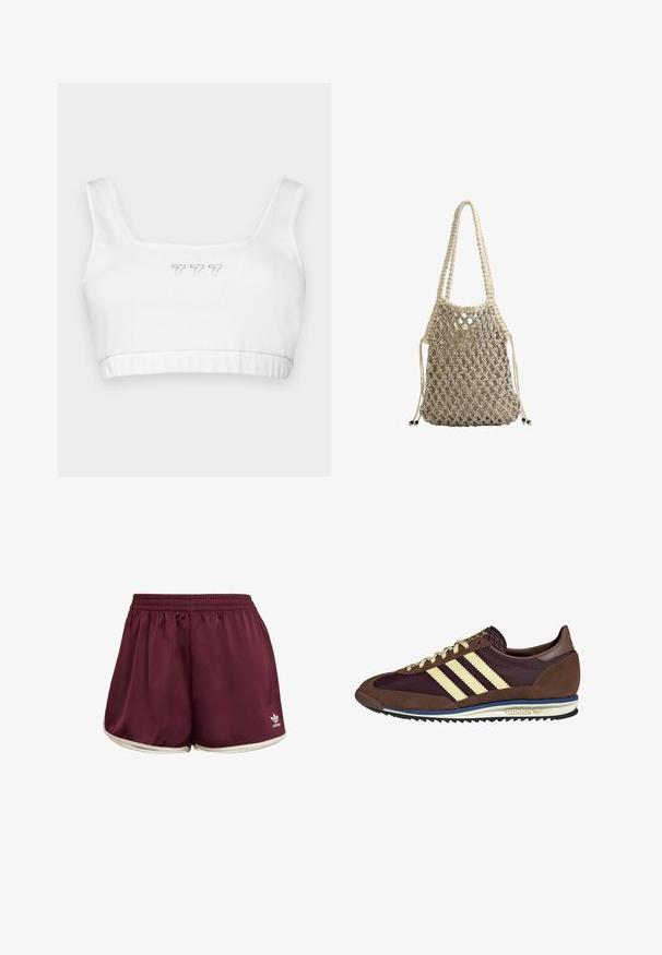 White cotton crop top with a square neckline, featuring subtle gray embroidered "777" in the center and a smooth texture throughout.; adidas Originals SPRINTER - Shorts - maroon cream white; Brown and burgundy sneaker with suede and mesh materials, featuring three cream stripes, textured fabric on the tongue, and a rubber sole.; Woven beige bag with a net-like design, featuring two braided handles and drawstring closure, accented with dark bead details.