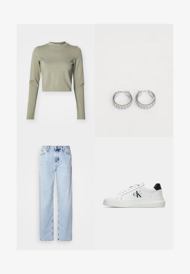 Rövidített, hosszú ujjú felső világos olíva zöld színben, sima, rugalmas anyagból készült, magas nyakkivágással és Calvin Klein logóval a gallérján.; Egy világos kék, bő szárú farmernadrág, magas derekú, elhalványult mosással és finom batikolt mintával az elején.; Fehér alacsony szárú edzőcipő fekete saroktabbal, platform talppal, fűzőkkel és Calvin Klein "CK" logóval az oldalán.; Ezüst fülbevalók, texturált mintával, függőleges barázdákkal. Kerek forma, biztos záródással. Sima felület.