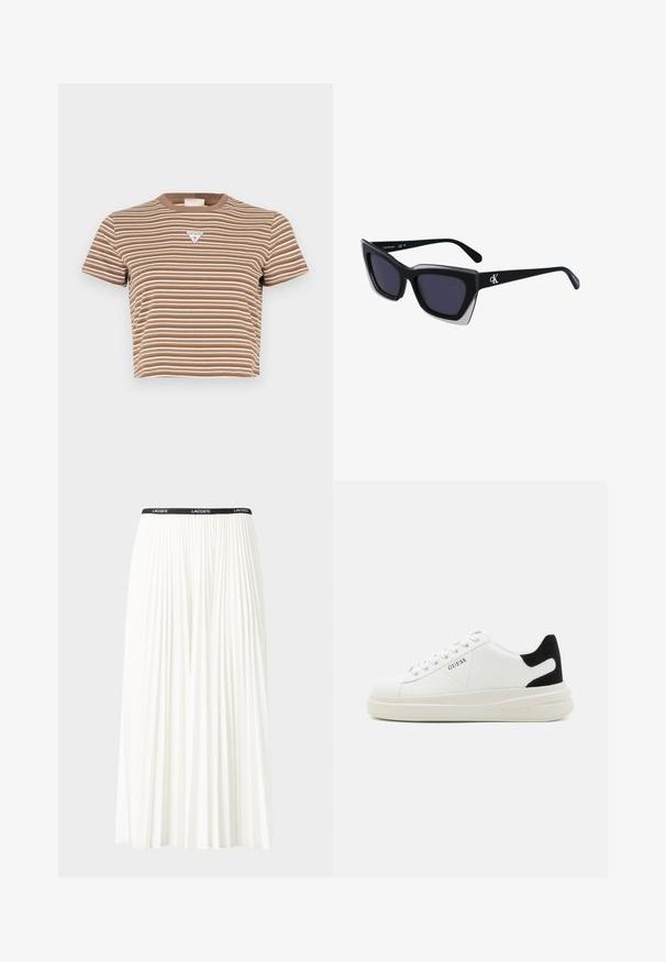 Ruda ir balta dryžuota trumpomis rankovėmis crop tipo marškinėliai su apvali iškirpte, kuriose priekyje yra mažas trikampis logotipas.; Pleated balta sijonas su juodu elastiniu juosmeniu, ant kurio yra "LACOSTE" logotipas. Vidutinio ilgio dizainas su švelnia tekstūra.; Baltos odinės sportbačiai su storu baltu padu, juodu nubuko kulno akcentu ir iškilmingu logotipu šone. Su raišteliais, turinčiais šešis akinius.; Juodos didelės saulės akinių su geometrine forma, turinčiais tamsius objektyvus ir kontrastingą pilką detalę ant rėmelio. Logotipas ant šalon.