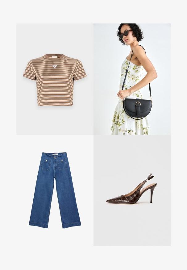 Hnědý a bílý pruhovaný krátký rukáv cropped tričko s kulatým výstřihem, s malým trojúhelníkovým logem na přední straně.; Džínové kalhoty širokého střihu s středně modrým omakem, dvěma předními kapsami se zapínáním na knoflíky a prošíváním podél lemů.; Hnědé lodičky s vykrojenými boky vyrobené z krokodýlí struktury, s špičatou špičkou a tenkým vysokým podpatkem. Navrženy s nastavitelným přezkovým zapínáním.; Černá kožená kabelka s křivkovým tvarem, odnímatelným popruhem a zlatými detaily. Kabelka má klopu s přezkou.