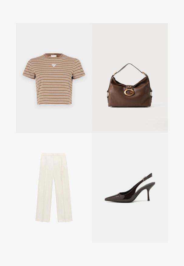 Hnedo-bielo pruhované krátke rukávy crop tričko s okrúhlym výstrihom, so malým trojuholníkovým logom na prednej strane.; Široké nohavice vo svetlej krémovej farbe. Vyrobené z hladkej látky s skladmi vpredu a bočnými vreckami.; Slingback vysoké opätky v lesklej tmavohnedej lakovej koži, so špicatou špičkou, otvorenými stranami a nastaviteľným remienkom na členku.; Hnedá kožená kabelka s textúrovaným povrchom, so zlatým kovovým zapínaním a jedným zakriveným ramenným popruhom.