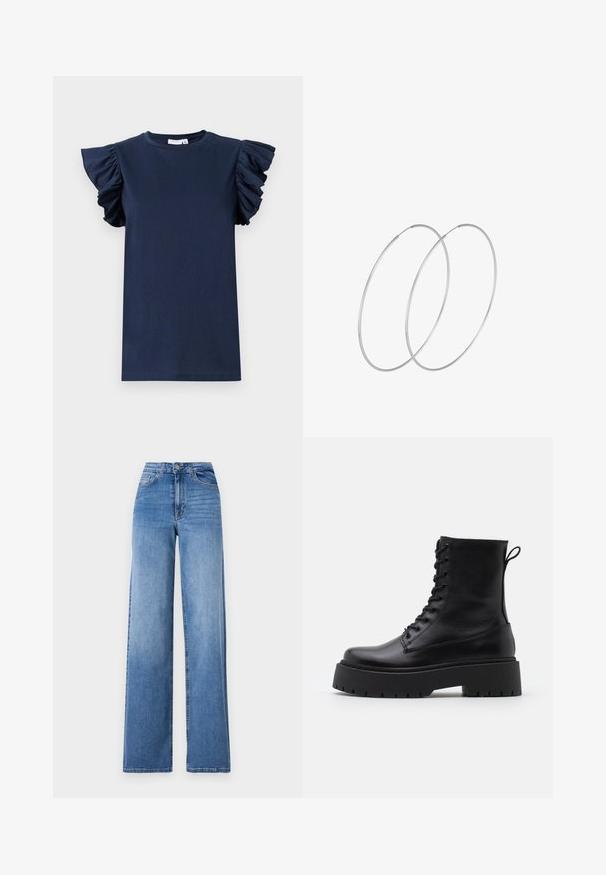 Tumesinine T-särk lühikeste volangvarrukatega, ümmargune kaelus ja sile tekstuur. Lihtne disain, ilma mustrite ja nähtavate kaunistusteta.; Heledad sinised laiad püksid, mis on valmistatud denimist, kõrge vöökohaga, esi-taskute ja tavapärase nupuga sulgemisega. Sile tekstuur.; Mustad mustad nahast pahkluu saapad ümarate varvastega, nööridega esiosas ja paksu kummist talla ning tekstuuritud mustriga. Tagumine tõmbeaas.; Hõbedased rõngastikkaehingad minimalistlikus disainis. Ümar kuju, sile tekstuur ja õhuke profiil. Kerged ning poleeritud viimistlusega.