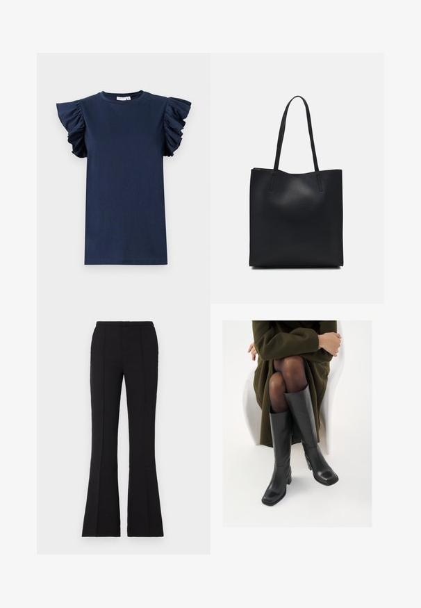 Tricou bleumarin cu mâneci scurte cu volane, guler rotund și textură netedă. Design simplu, fără modele sau Elemente vizibile.; Pantaloni negri evazați dintr-un material neted, având o talie ajustată, detalii cu cusături frontale și o evazare ușoară începând de la genunchi.; Cizme din piele neagră, până la genunchi, cu vârf pătrat și toc bloc, prezentate pe un model așezat într-o haină verde măsline. Textură netedă, detalii minime.; Geantă tote neagră din piele, cu textură netedă, formă rectangulară și două mânere lungi. Fără hardware vizibil sau ornamente.