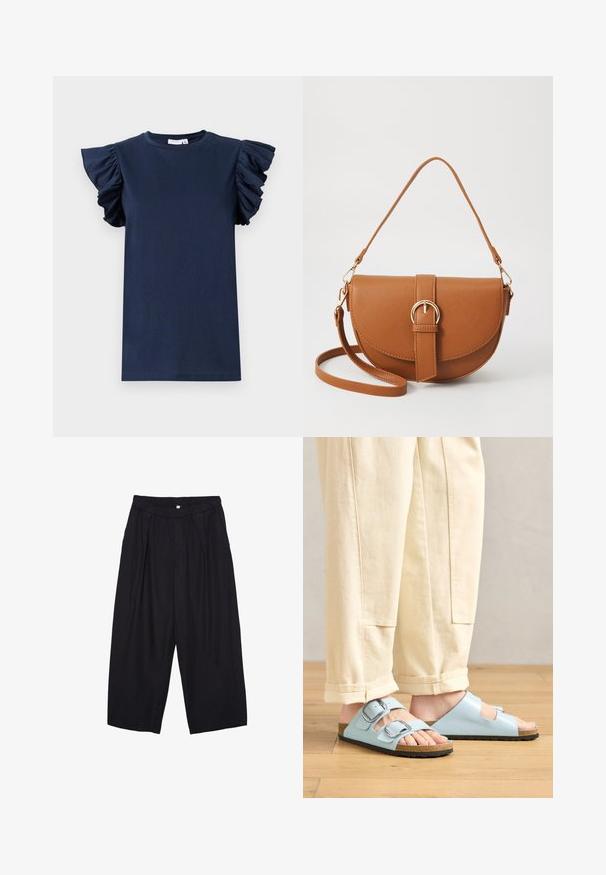 Laivansinis t-paita, jossa on lyhyet kuminauhalla varustetut hihat, pyöreä kaula-aukko ja sileä pinta. Yksinkertainen muotoilu, ilman kuvioita tai näkyviä koristeluja.; Musta polyesterinen culotte-housut, jossa on joustava vyötärö, kaksi etupleettiä ja löysä siluetti. Ei näkyviä kuvioita tai metallisia yksityiskohtia.; Vaaleansiniset avotossut, joissa on kaksinkertaiset soljet, korkkipohja ja musta kumipohja, yhdistettynä kermaisiin leveälahkeisiin housuihin.; Ruskean nahkainen olkalaukku, jossa on kaareva muoto, kultaiset yksityiskohdat ja solkiyksityiskohta. Varustettu irrotettavalla olkahihnalla.