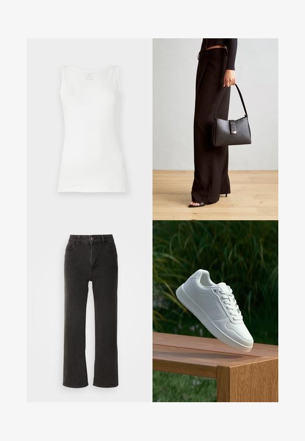 Top blanco de tirantes, hecho de algodón suave, con escote redondo y tirantes anchos. Diseño simple y clásico, sin patrones ni embellishments.; Vaqueros anchos negros de mezclilla, con cierre frontal de botón, trabillas para el cinturón y cinco bolsillos, con una textura ligeramente deslavada.; Zapatilla blanca con un upper sintético suave, caja de dedos perforada, cordones planos y una suela texturizada, exhibida sobre una superficie de madera.; Bolso negro con forma estructurada, textura suave y un cierre metálico. Combinado con pantalones anchos negros y sandalias de dedo en un suelo de madera.