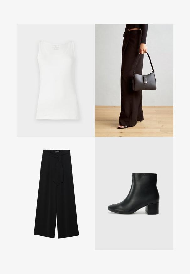 Valkoinen hihaton paita sileästä puuvillasta, jossa on pyöreä pääntie ja leveät olkaimet. Yksinkertainen, klassinen muotoilu ilman kuvioita tai koristeita.; Mustat leveät housut, joissa on teksturoitu kangas, joustava vyötärö ja irrotettava nauha vyötäröllä säädettävää istuvuutta varten.; Musta nahkasaappaat nilkkapituudella, jossa on terävä kärki ja paksu korko. Silkkinen pinta, jossa on minimaaliset yksityiskohdat ja tyylikäs, istuva muotoilu.; Musta käsilaukku, jossa on rakenteellinen muoto, sileä pinta ja metallinen solki. Yhdistetty leveisiin mustiin housuihin ja avonaiheisiin sandaaleihin puulattialla.