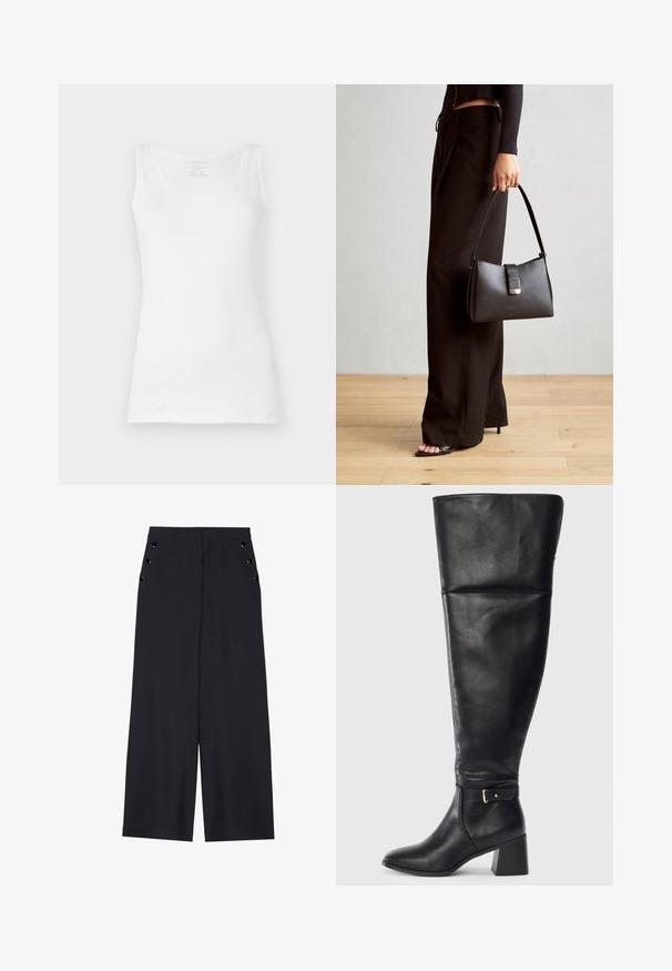 Fehér pántos top sima pamutból, lekerekített nyakkivágással és széles pántokkal. Egyszerű, klasszikus dizájn, minta vagy díszítés nélkül.; Sötét tengerészkék, széles lábú nadrág, sima textúrával, elől redőkkel és díszes, aranyszínű szélekkel a zsebeknél.; Fekete, térd fölé érő bőr csizma, blokksarkú és díszítő pánttal, arany csattal a boka felett, oldalnézet fehér háttérrel.; Fekete kézi táska strukturált formával, sima textúrával és fémből készült záródással. Széles fekete nadrággal és nyitott orrú szandállal párosítva, fából készült padlón.