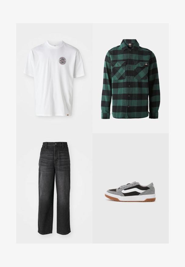 Biely bavlnený tričko s okrúhlym logom na hrudi. Klasický výstrih, krátke rukávy, voľný strih, s červenými a čiernymi akcentmi.; Zeleno-čierna károvaná flanelová košeľa s dlhými rukávmi, zapínaním na gombíky vpredu, dvoma náprsními vreckami a klasickým golierom. Mäkká textúra, univerzálny dizajn.; Čierne deniminové široké nohavice s vysokým pásom, zapínaním na gombík a dizajnom s piatimi vreckami. Mäkká textúra s mierne vyblednutým povrchom.; Sivé a čierne semišové tenisky s bielymi akcentmi a gumovou podrážkou, s okrúhlym špičkou a šnurovacím dizajnom.