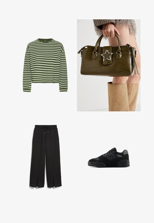 Grön- och vitrandig långärmad topp med rund halsringning och rak skärning. Mjuk, texturerad tyg som har jämnt fördelade horisontella ränder.; Svarta byxor med elastisk midja och dragsko, med sidoklipp och en diskret Puma-logga på hoften, tillverkade av ett mjukt tyg.; Svart låg sko med texturerad sula, snörningsdesign, mockadetaljer och mönstrade accenter på häl och sidologotyp.; Olivgrön konstläderhandväska med silverstjärna som accent, dubbla handtag och dragkedjestängning. Texturerad yta och strukturerad form.