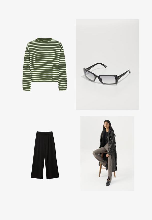 Green and white striped long-sleeve top with a round neckline and straight cut. Soft, textured fabric, featuring evenly spaced horizontal stripes.; Black wide-leg trousers with a high waist, featuring pleats, a smooth texture, and no visible pockets or embellishments.; Black leather trench coat with buttons and belt detail, paired with light brown fitted pants and black loafers, seated on a wooden stool.; Black rectangular sunglasses with a gradient lens, featuring a thick frame and metal accent details on the arms. Smooth texture throughout.