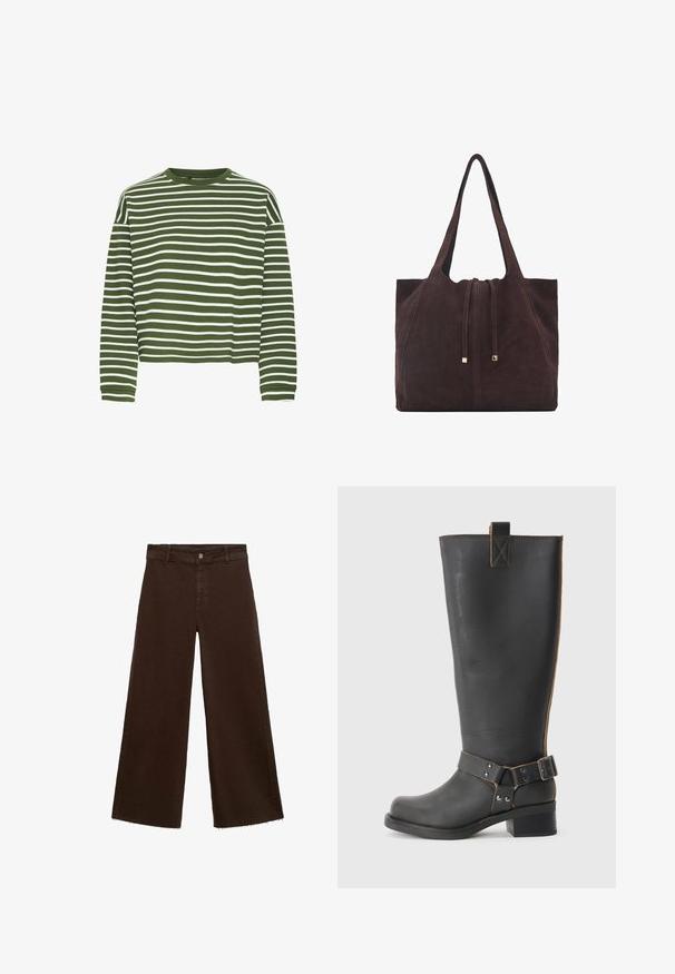 Zeleno-bele prosojne dolge rokave s okroglim izrezom in ravnim krojem. Mehka, teksturirana tkanina, ki vsebuje enakomerno razporejene vodoravne črte.; Rjave široke hlače iz mešanice bombaža, z raztrganim robom, sprednjim gumbom in klasičnim dizajnom s petimi žepi. Minimalistične in vsestranske.; Črne usnjene škornje do kolen z teksturirano obdelavo, ki imajo stranski sponko in nizko peto. Podrobno šivanje po šivih.; Mango Torba za nakupovanje - dark brown