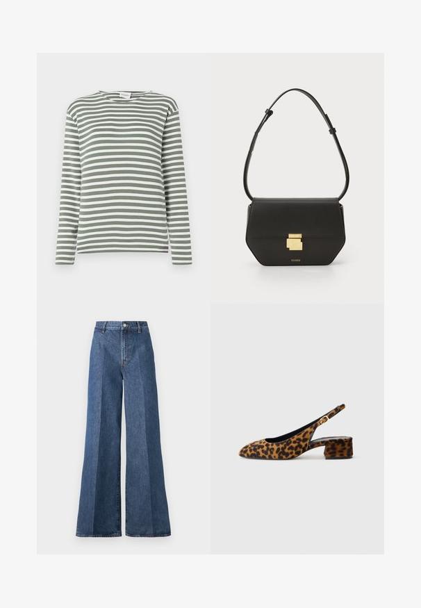 CLOSED BASIC LONGSLEEVE - Pikkade varrukatega topp - faded green; Laiad sinised denimpüksid kõrge vöökohtusega, klassikalise viie taskuga ja nööpkinni, valmistatud tekstureeritud puuvillakangast.; Naiste leopardimustriga slingback-kingad madala blokkninahaga ja kuldse klambriga külgjah. Kujutatud külgprofiilis lihtsal taustal.; CLOSED CLOSED ONE - Ülerinna-kott - black