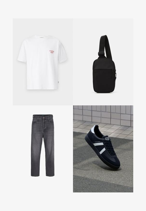 T-shirt bianco in cotone con maniche corte e colletto a girocollo, con una piccola grafica testuale rossa nella zona del petto sinistro.; Jeans in denim grigio scuro con design a gamba dritta, vita alta, cinque tasche e leggera sbiaditura. Chiusura con bottone in metallo e zip sul davanti.; Sneaker neri in pelle con strisce bianche, suola in gomma texturizzata e allacciatura frontale. Presenta un'etichetta con il marchio sulla linguetta.; Borsa a tracolla nera realizzata in tessuto resistente, con una singola tracolla regolabile, un compartimento principale con zip e una tasca frontale.