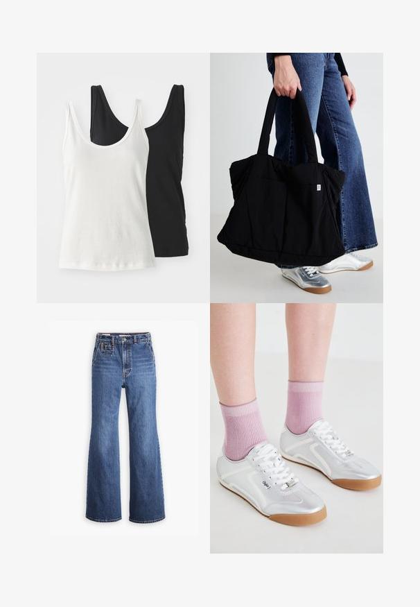 Două topuri din bumbac: unul alb și unul negru. Ambele au un decolteu rotund și bretele subțiri, punând în evidență o textură netedă și moale.; Jeans din denim albastru, cu talie înaltă și croială largă, având o buzunar frontal, închidere cu nasture din alamă și cusături de contrast.; Pantofi sport argintii cu accente albe și tălpi din cauciuc, asociați cu ciorapi roz cu model ribbed, evidențiind un design cu profil redus.; Tote bag din material textil negru, cu un design pufos, două mânere solide și o mică etichetă cu logo pe față, ținut de o persoană îmbrăcată în blugi.