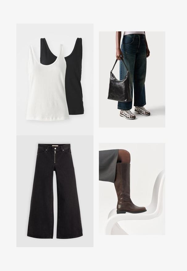 Dos camisetas de tirantes de algodón: una blanca y una negra. Ambas tienen un escote redondo y tirantes finos, mostrando una textura suave y lisa.; Jeans de pierna ancha en denim negro con cierre frontal, diseño de cinco bolsillos y detalles de costura sutiles. Textura suave y estilo casual.; Bota de cuero marrón hasta la rodilla con punta redondeada, textura suave y detalles de costura mínimos, situada sobre un fondo claro en una silla blanca.; Bolso de hombro de cuero negro con una textura suave y correa ajustable, combinado con jeans de pierna ancha desgatados y zapatillas deportivas.