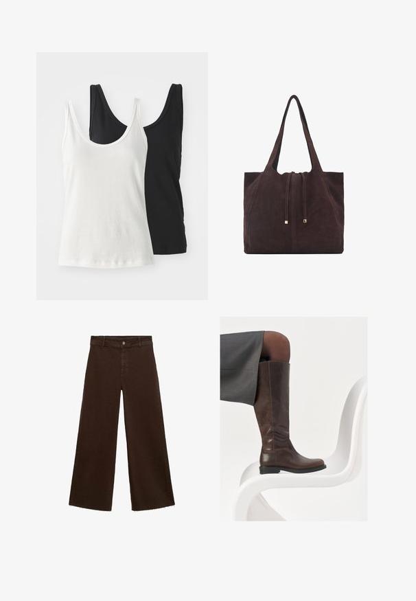 Dve bavlnené tielka: jedno biele a jedno čierne. Obe majú okrúhly výstrih a tenké ramienka, pričom ukazujú hladkú, jemnú textúru.; Hnedé široké nohavice z bavlnenej zmesi, s roztrhnutým lemom, predným zapínaním na gombík a klasickým dizajnom s piatimi vreckami. Minimalistické a všestranné.; Hnedé kožené čižmy až po kolená sokrúhlym špičkou, hladkou textúrou a minimálnymi detalmi šitia, umiestnené na svetlom pozadí na bielej stoličke.; Mango Veľká kabelka - dark brown
