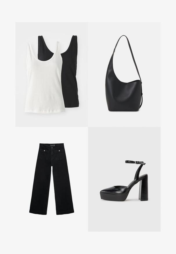 To bomulds tanktoppe: en hvid og en sort. Begge har en rund halsudskæring og tynde stropper, der viser en glat, blød tekstur.; Sorte vidde jeans med høj talje, der har to forlommer og metalknapdetaljer. Stoffet har en glat tekstur.; Sorte platformhæle med spidse tæer og justerbar ankelrem. Construeret i glat læder, med en kraftig blokhæl.; Sort læder hobo taske med en glat overflade, buet form og en enkelt justerbar rem; har en bred åbning øverst.