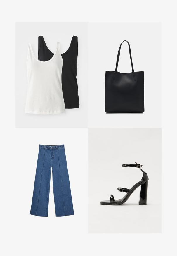 Due magliette in cotone: una bianca e una nera. Entrambe hanno un collo rotondo e spalline sottili, mostrando una consistenza liscia e morbida.; Jeans in denim a gamba larga di blu medio, con vita alta, chiusura con bottone e dettagli delle cuciture verticali a contrasto lungo la parte anteriore.; Sandali con tacco in vernice nera, con punta squadrata, cinturini alla caviglia e fibbie in argento. Presentano un tacco a blocco spesso per maggiore stabilità.; Borsa tote in pelle nera con texture liscia, forma rettangolare e due manici lunghi. Nessun hardware o decorazione visibile.