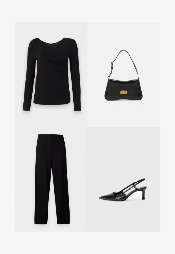 Top preto de manga longa com decote em V e detalhe frontal drapeado, feito de um tecido suave. Textura lisa com silhueta ajustada.; Calças largas pretas feitas de um tecido suave e elástico. Apresenta uma cinta lisa e sem costuras ou bolsos visíveis. Design simples e versátil.; Salto slingback em patente preta com bico apontado, apresentando um padrão de pele de cobra texturizado, tira ajustável e um salto bloco curto e texturizado.; Mala de couro preta com um design curvado, placa em ouro com o logotipo como detalhe e uma alça de ombro fina. Textura suave com um acabamento elegante.