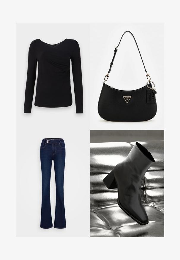 Fekete, hosszú ujjú felső, V-nyakkal és redőzött elemmel, puha anyagból készült. Sima textúra, testhezálló szabás.; Sötétkék bővülő farmernadrág, magas derékkal, két elülső zsebbel és két gombos záródással. Finom textúrájú denim anyagból készült.; Fekete bokacsizma fényes anyagból, négyzetes orral és szűkített sarkú, egy csillogó ezüst kárpitozott háttér előtt.; Fekete szintetikus válltáska ívelt sziluettel, texturált kivitelezéssel, arany háromszög logóval és levehető kiegészítőkkel.