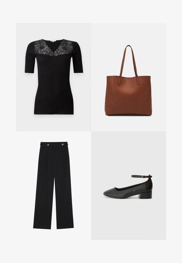 Top negro de manga corta con diseño acanalado que presenta un escote en V con intrincados detalles de encaje en los hombros. Textura suave y diseño ajustado.; Pantalones de pierna ancha negros con cintura alta, detalles de botones en la cinturilla y pliegues en la parte delantera.; Zapato de tacón negro de cuero con punta afilada y tacón bajo cuadrado. Presenta una correa para el tobillo con una hebilla en tono dorado. Textura suave.; Bolso tote de cuero marrón con una textura suave, diseño de apertura superior y dos correas para el hombro. Presenta una costura mínima y sin herrajes visibles.