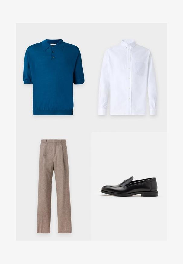 Short-sleeve polo shirt in deep teal, made of soft fabric. Features a collar, three-button placket, and elasticized hem for a relaxed fit.; White long-sleeve button-up shirt made of cotton, featuring a chest pocket with tonal embroidery, a collar, and button cuffs.; Brown, high-waisted trousers made of textured fabric. Features wide legs and two front pleats for structure. Neat finish with no visible hardware.; Black leather loafers with a smooth texture, rounded toe, and a decorative strap across the vamp. Low stacked heel, minimalist design.