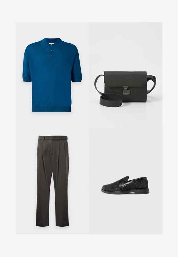 Kortærmet polo skjorte i dyb teal, lavet af blødt materiale. Har en krave, tre knaplukninger og elastisk kant for en afslappet pasform.; Mørkegrå bukser lavet af struktureret stof, med flad front, plisseringer, lige ben og bæltestropper. Ingen synlig hardware eller mønstre.; Sort vævet slip-on sko med en glat læderdetalje på overdelen, en rund tådesign og en lavprofil gummisål.; Sort læder crossover taske med en struktureret overflade, klaplukning, metalhardware og en matchende justerbar rem.
