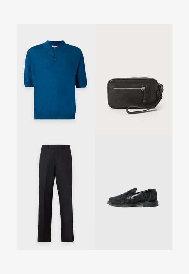 Kurzarm-Polohemd in tiefem Teal, aus weichem Stoff. Verfügt über einen Kragen, eine Drei-Knopf-Leiste und einen elastischen Saum für eine entspannte Passform.; Schwarze, gerade geschnittene Hose aus glattem Stoff. Verfügt über einen normalen Bund und keine sichtbaren Muster oder Akzente.; Schwarzer geflochtener Slipper mit einem glatten Lederakzent im Obermaterial, einem runden Zehendesign und einer flachen Gummisohle.; Schwarze Leder-Clutch mit strukturiertem Oberflächen, Vorderseite mit Reißverschlusstasche und abnehmbarem Handgelenkriemen. Fällt durch ein Logo-Patch auf der Vorderseite auf. Rechteckige Form.